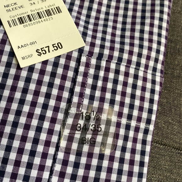 New Alfani plaid dress shirt black purple white Big Mens size 18 1/2 34-35 - Picture 4 of 5